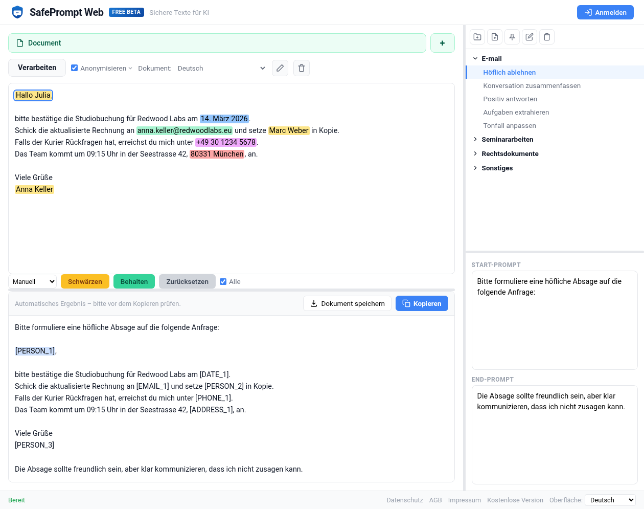 Screenshot der SafePrompt Web Oberfläche