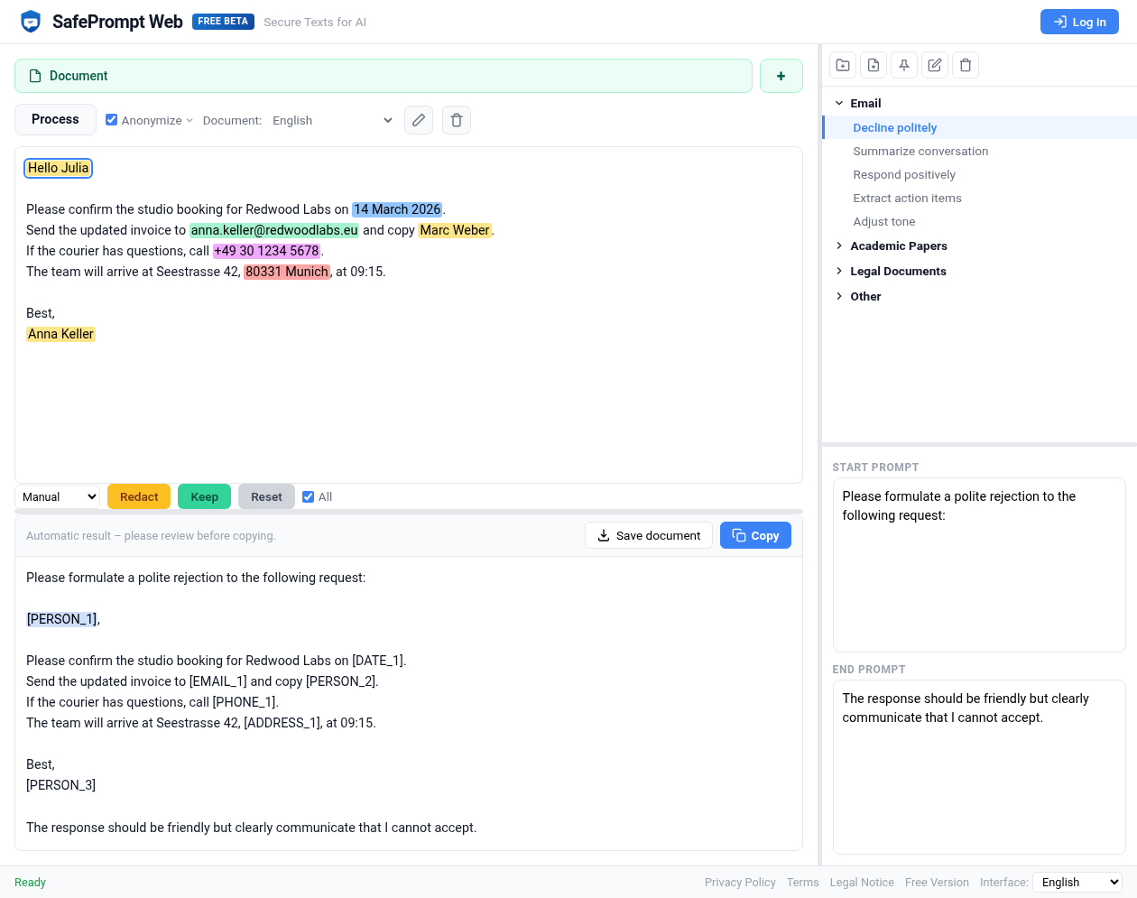 SafePrompt Web interface screenshot