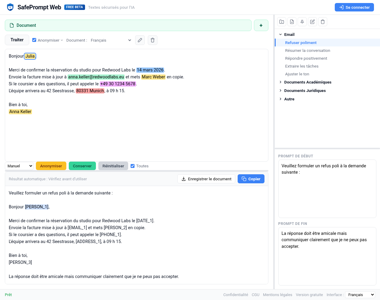 Capture d'écran de SafePrompt Web