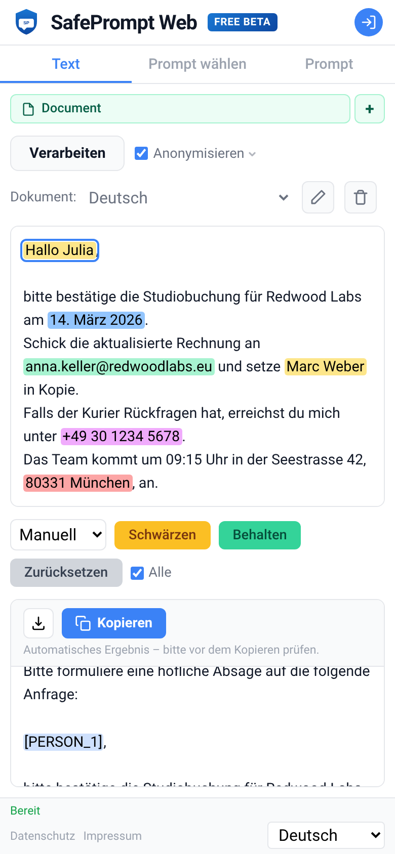 Screenshot der SafePrompt Web Oberfläche