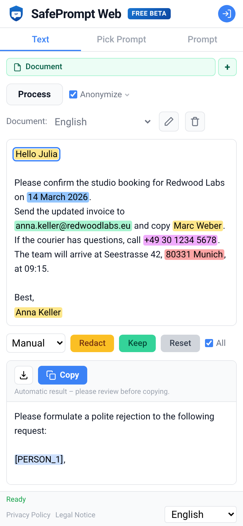 SafePrompt Web interface screenshot