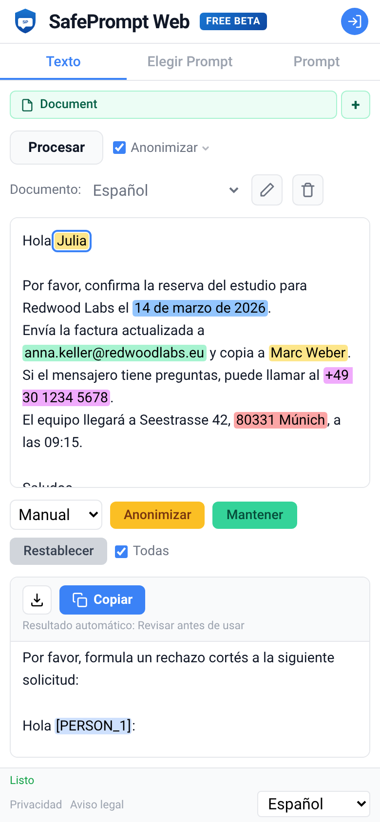 Captura de pantalla de SafePrompt Web