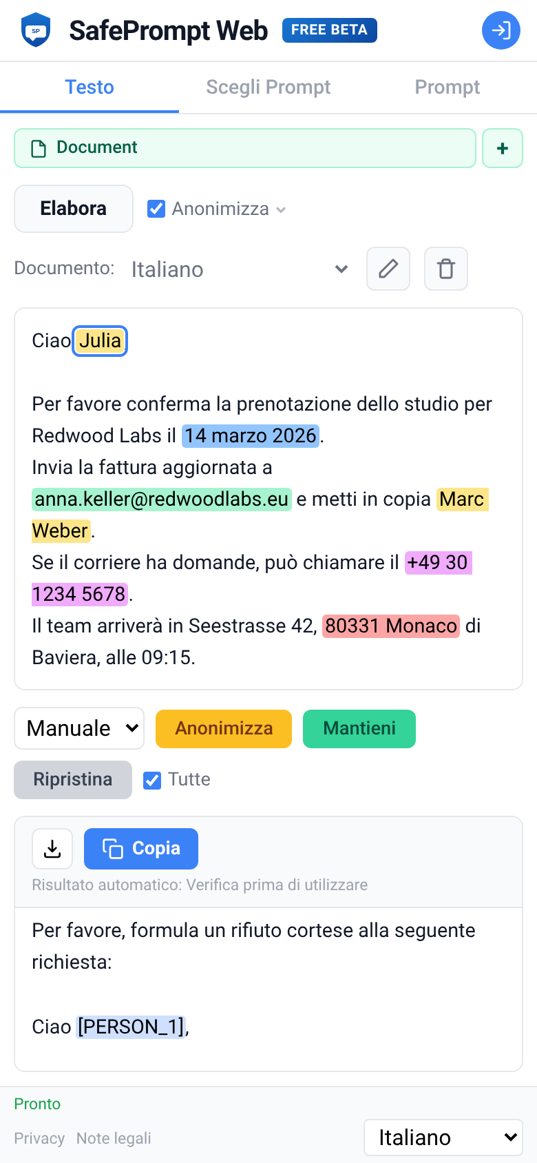 Schermata di SafePrompt Web