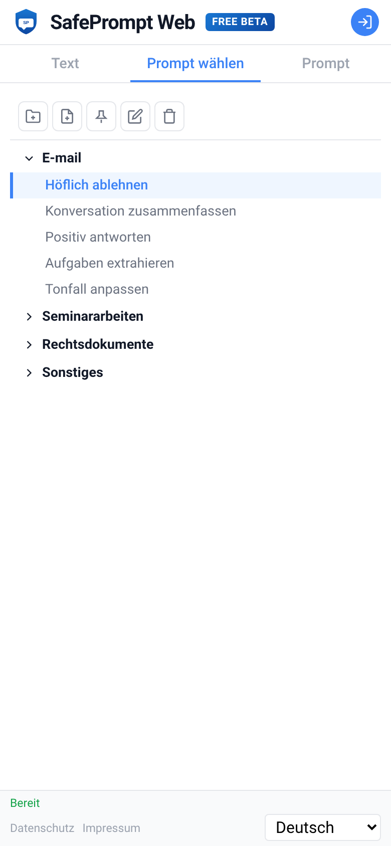 Screenshot der SafePrompt Web Oberfläche