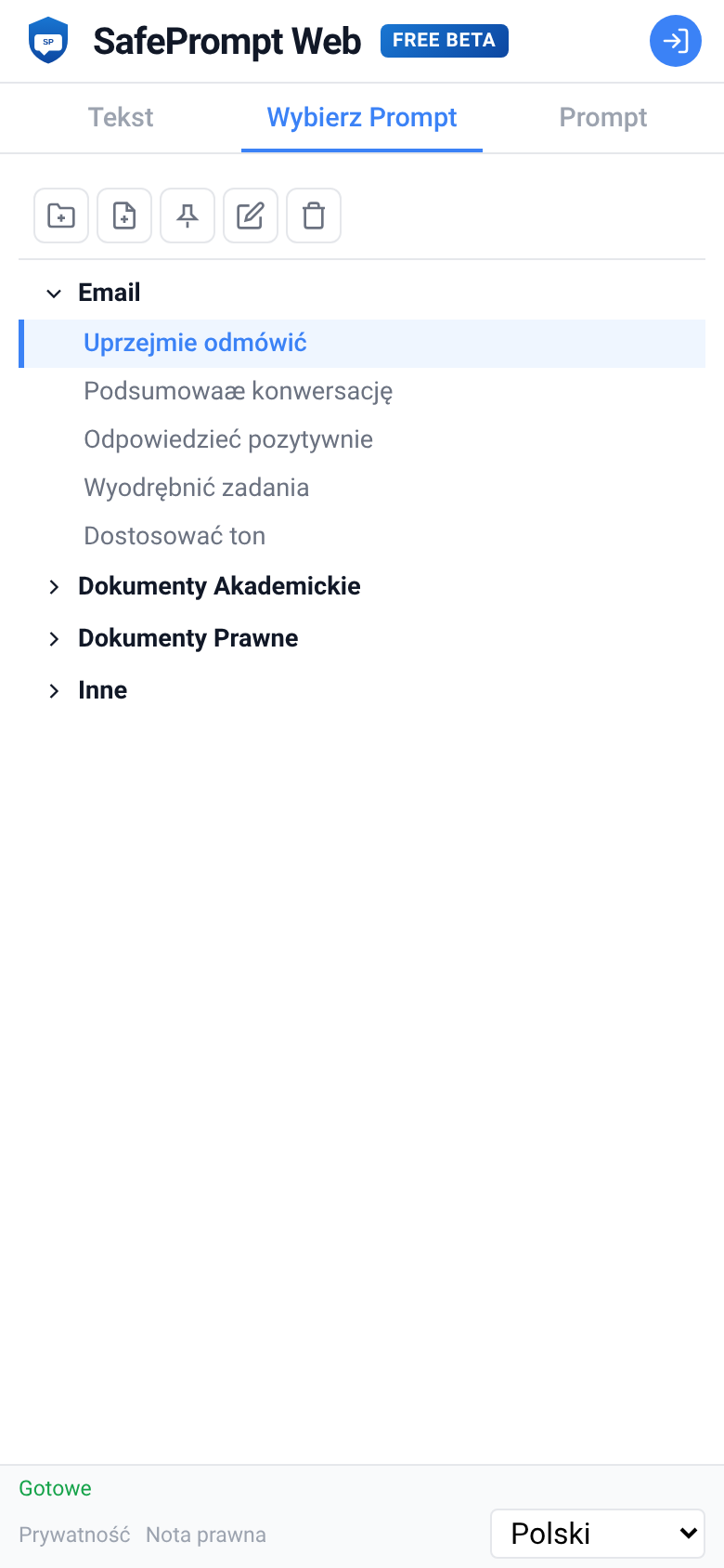 Zrzut ekranu SafePrompt Web