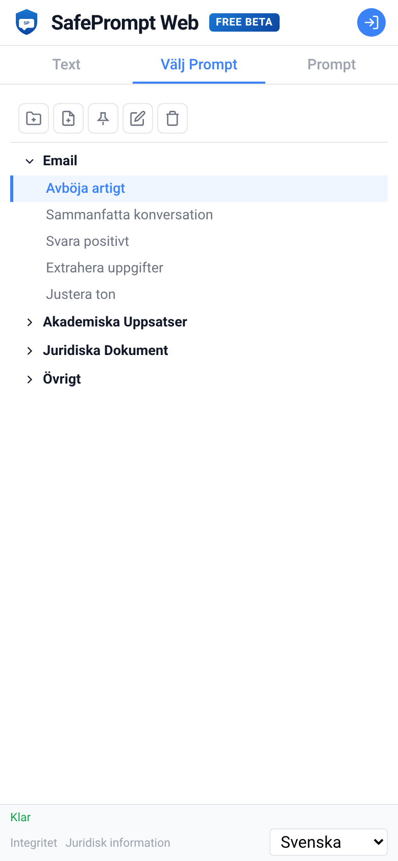 Skärmbild av SafePrompt Web