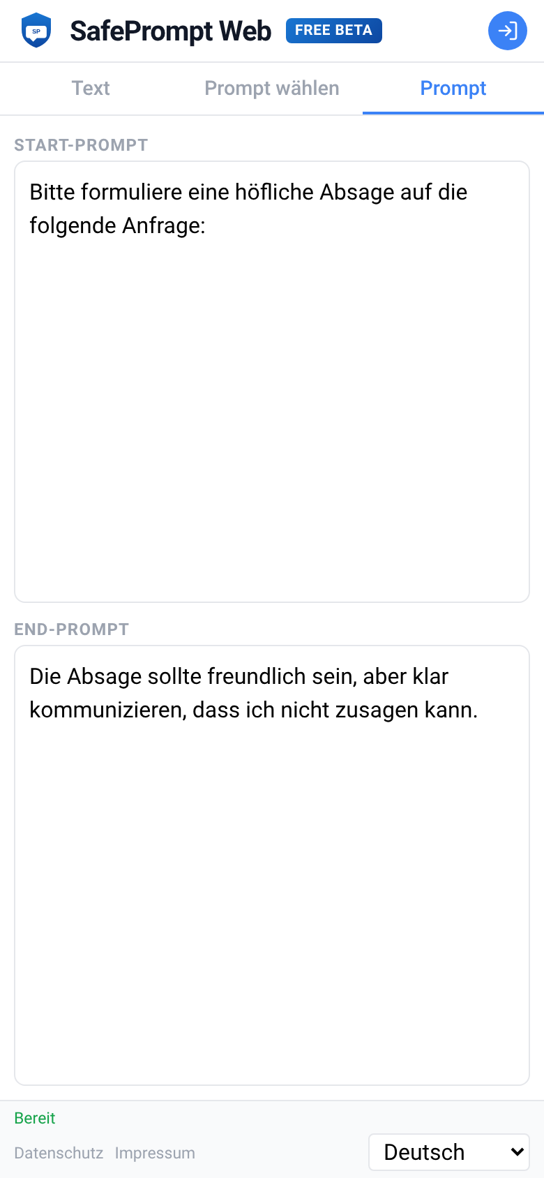 Screenshot der SafePrompt Web Oberfläche