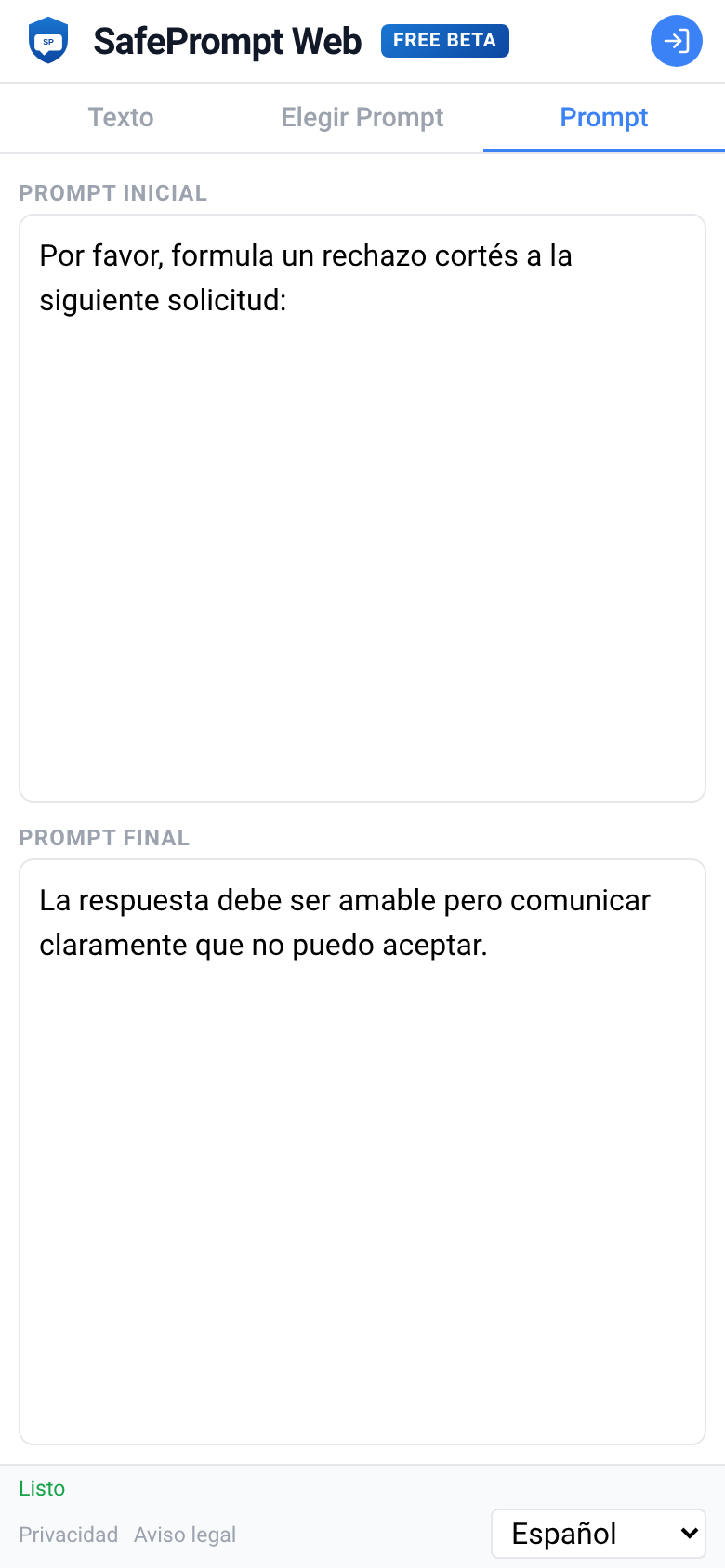 Captura de pantalla de SafePrompt Web