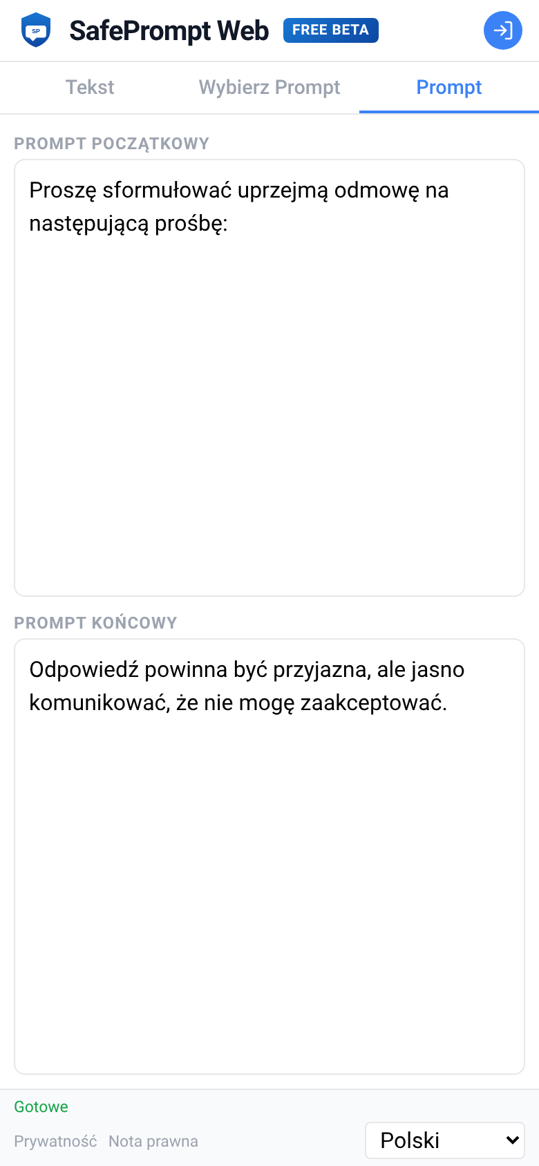 Zrzut ekranu SafePrompt Web