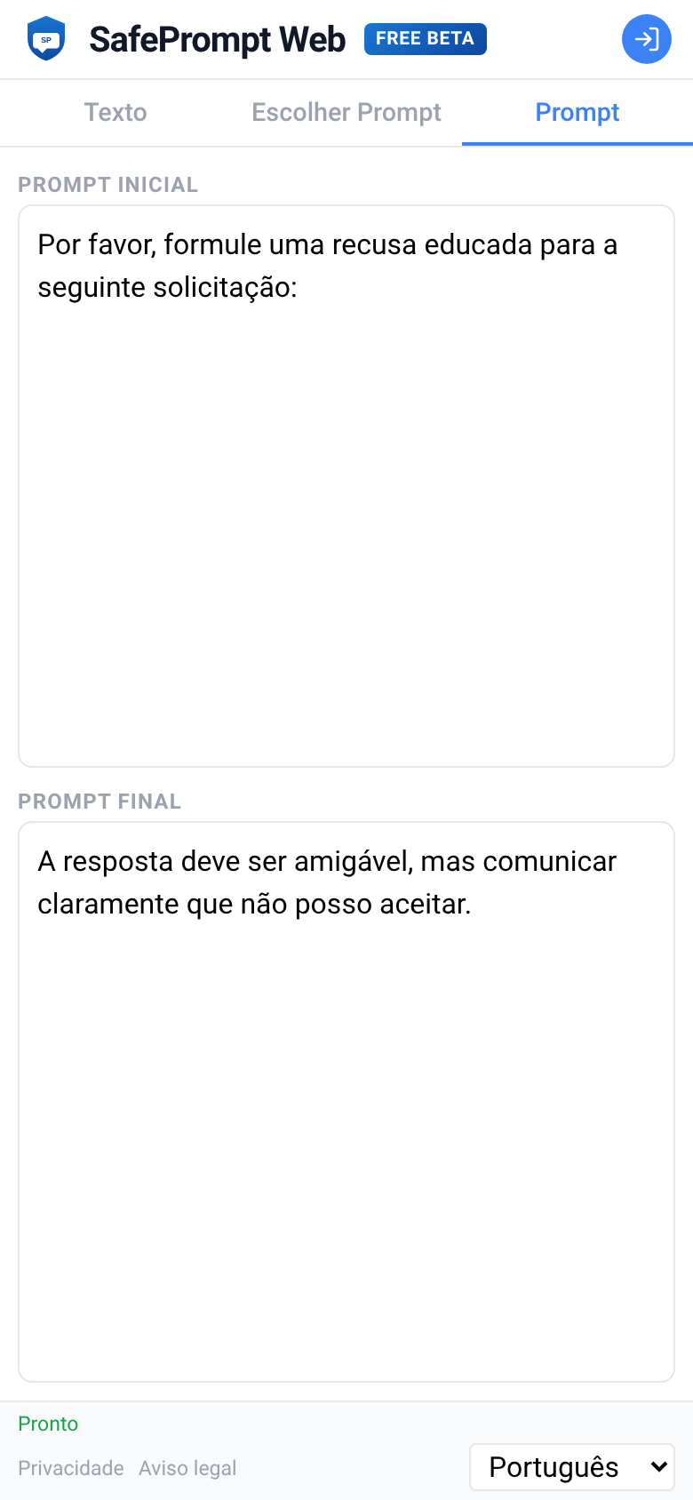 Captura de tela do SafePrompt Web