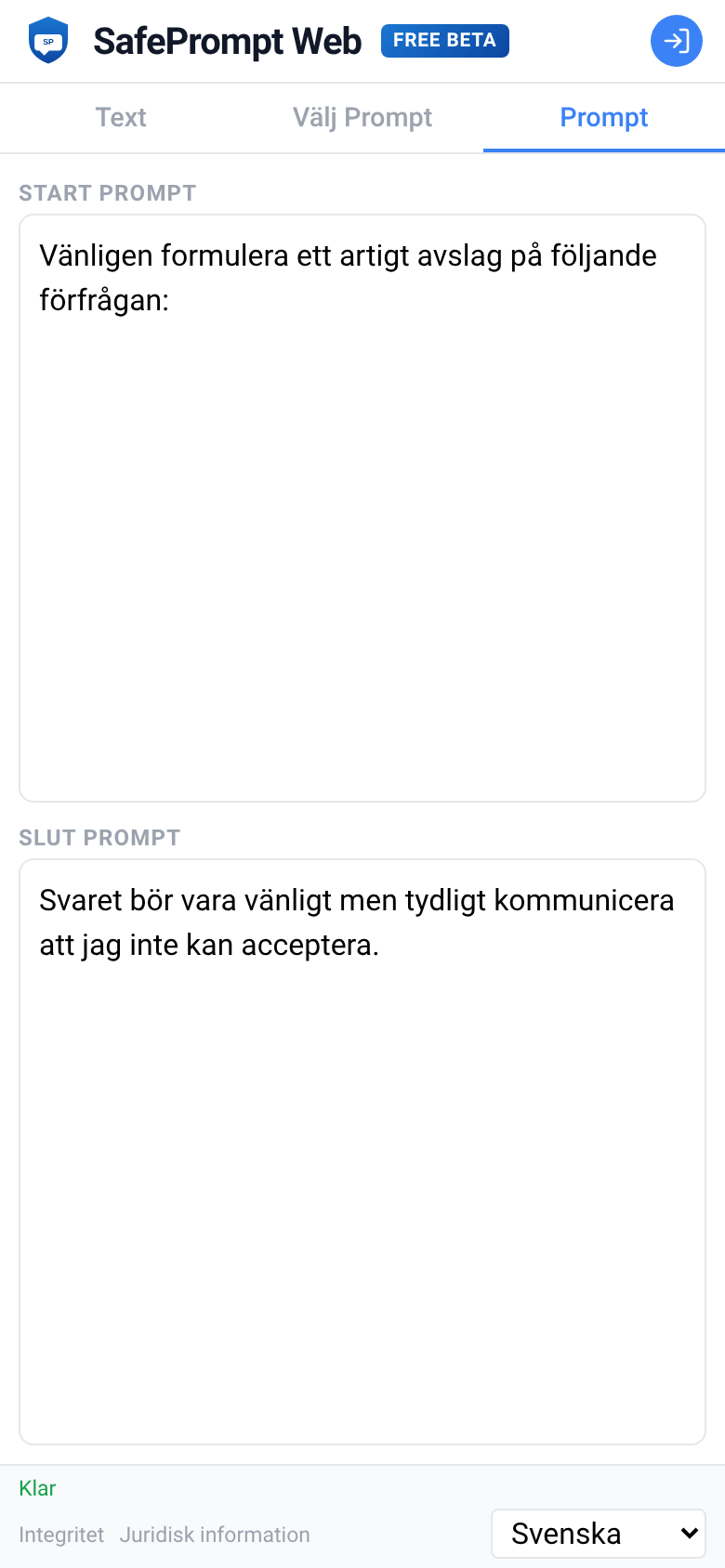 Skärmbild av SafePrompt Web
