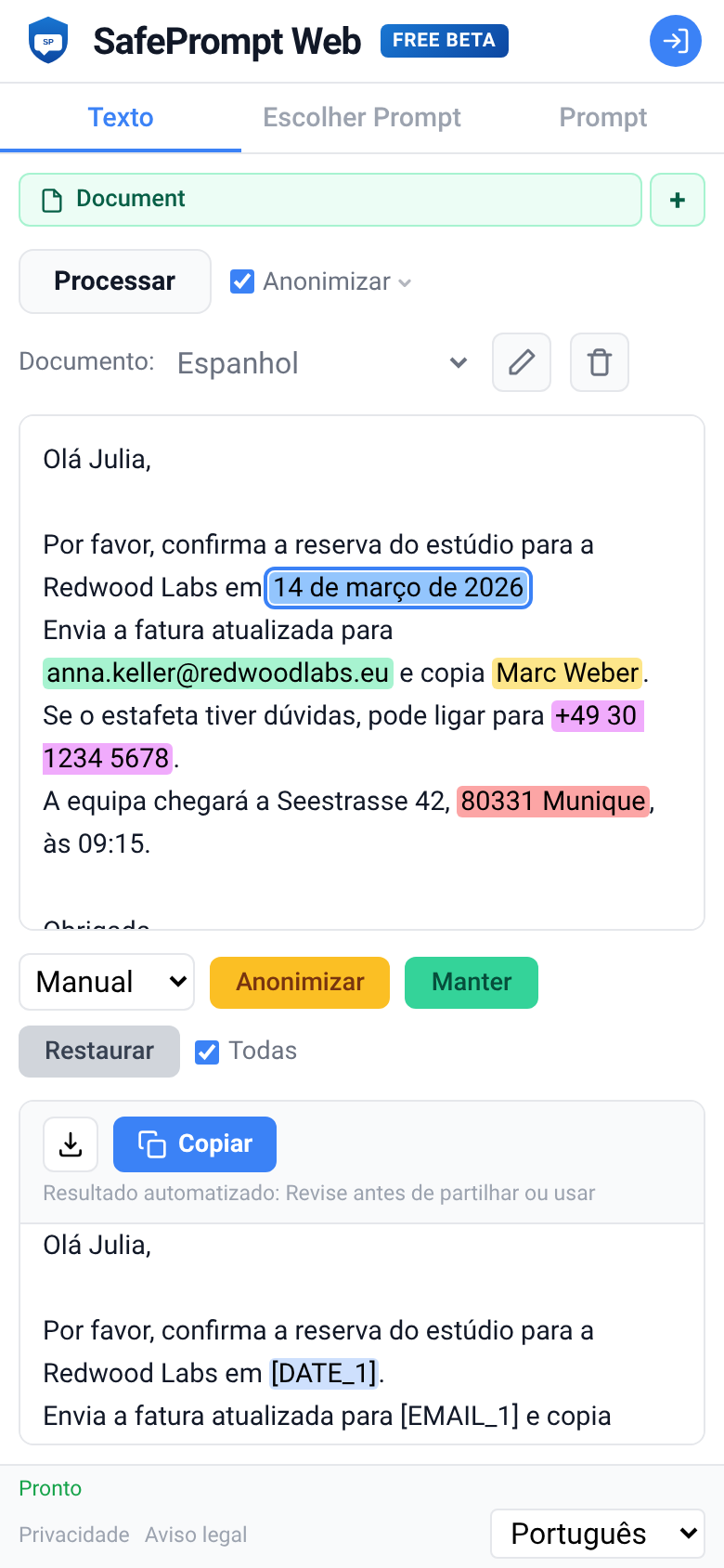 Captura de tela do SafePrompt Web