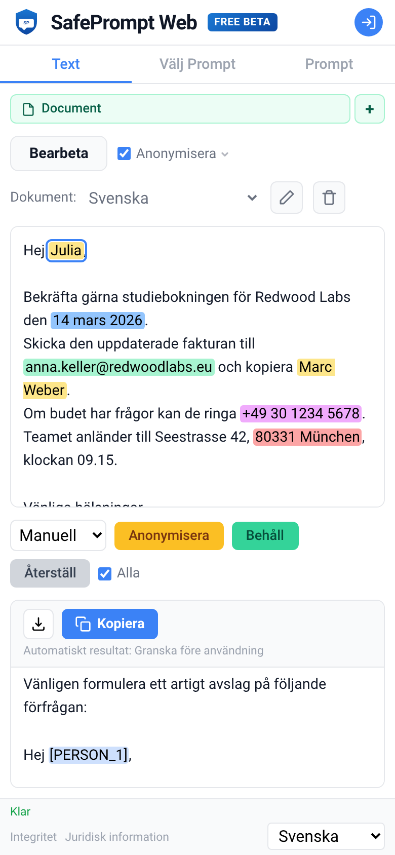 Skärmbild av SafePrompt Web
