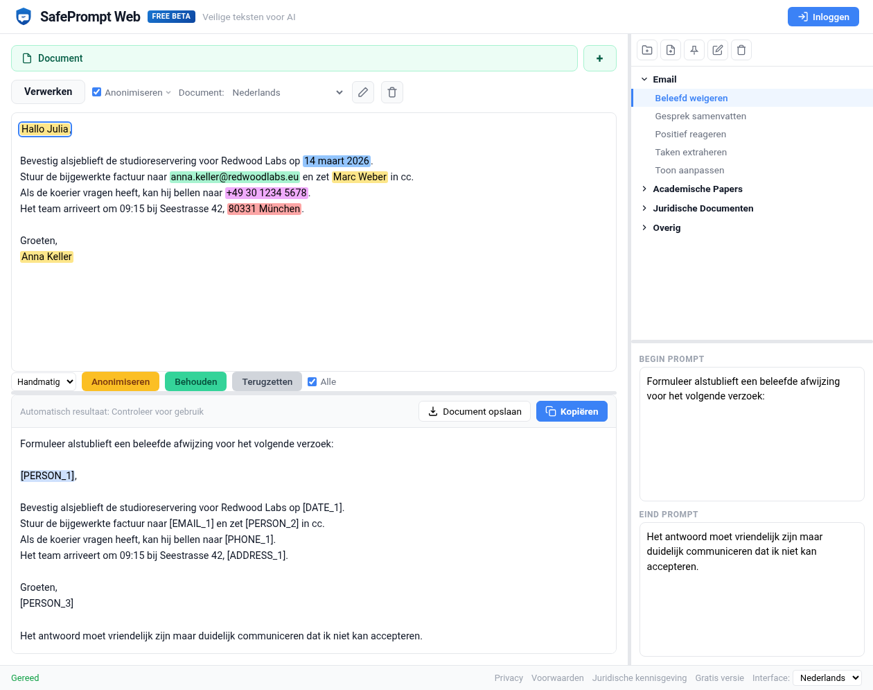 Screenshot van SafePrompt Web