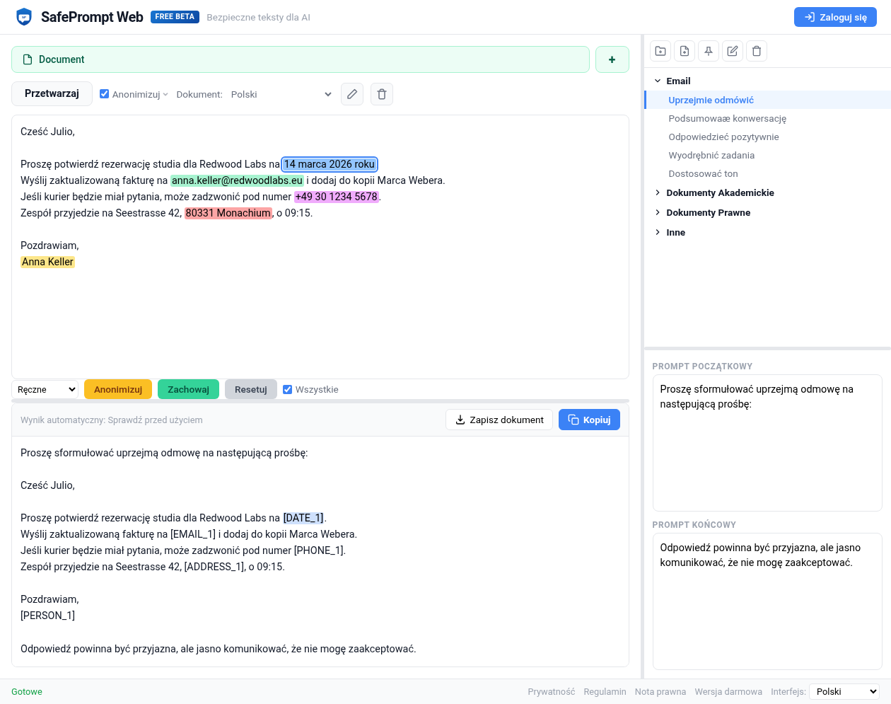 Zrzut ekranu SafePrompt Web